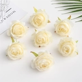 Set of 8 cream white artificial silk rose heads for wedding decorations on white surface - Beige