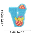 Detailed view of blue letter V Easter patch with chick design and size dimensions - Letter V