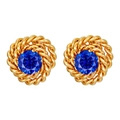 Detailed shot of vintage gold twist earrings with central blue zircon gemstone on white background - Gold Plated Blue Zirconia