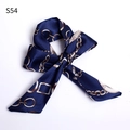 Dark blue twilly silk scarf with white chain print tied in a bow, style S54 - S54-Dark Blue Geometric Chain