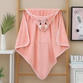 Detailed view of pink coral fleece baby hooded towel with cute bunny embroidery - Orange Cat