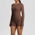 Detail of high-stretch dark brown long sleeve yoga top and high-waisted seamless shorts - S / Chestnut Brown