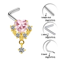 Detailed view of pink heart nose stud with I-shape, L-bend, and S-bend post options - Heart with Round Pendant I-Shape / Gold