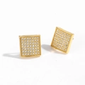 Hip hop style gold square stud earrings with pave setting crystals on white background - Silver Flat Square Stud Earrings