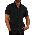 Men's black short sleeve linen shirt featuring a classic lapel collar and chest pocket - S / Tops / Black