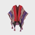 Poncho étnico rojo de punto con patrones geométricos y detalles de flecos de colores - Rojo