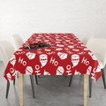 Detail of Christmas tablecloth with red plaid, Santa Claus pattern, and HO lettering - 140x200cm / Santa Claus Head and HO Letter