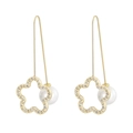 Gold clover earrings with hollow flower design, sparkling rhinestones, and elegant pearl drops - Clover Flower Style (KE83383-K)