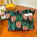 Floral black jacquard canvas cosmetic bag with pink tulips and secure zipper closure - Black Tulip