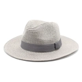 Detail of light beige straw fedora hat with a grey satin ribbon and fine woven texture - M (56-58cm) / Light Gray