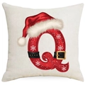 Christmas pillowcase featuring festive letter Q design with Santa hat on beige linen fabric - Letter Q