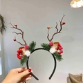 Cerchietto corna di renna marroni con bacche rosse e pompon bianco per Natale - Fascia Per Ramo Di Natale-Pelliccia Di Visone Bacca Rossa