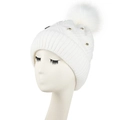 Berretto bianco in maglia da donna con pompon in ecopelliccia e borchie dorate - Stile Rivetto a Punta / Bianco