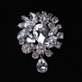 Elegant silver alloy brooch with clear crystal cluster and teardrop pendant charm - MM-BR-0038 / Silver