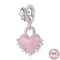 Pendentif cœur en émail rose avec nœud et perles en argent sterling 925 véritable - Coeur Nœud Rose