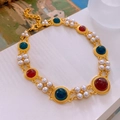 Vintage French gold necklace with red and green gemstones and white pearls - Double-row Gemstone Pearl Necklace (4#)