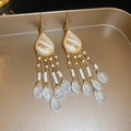 Boucles d'oreilles bohèmes à franges blanches avec perles gouttes dorées - Gland Goutte d'eau Doré (36# Crochet d'oreille)