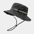 Dettaglio cappello pescatore in tela grigio scuro con occhielli e cordino regolabile - Nero