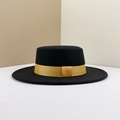 Classic black wool felt flat top hat with elegant gold ribbon for men and women - M (56-58cm) / Black (Yellow Ribbon)