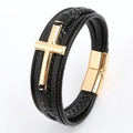 Multilayer black woven leather bracelet for men featuring a polished gold metal cross charm - Gold + Black