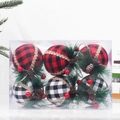 Set of 6 red and black plaid Christmas tree ball ornaments with pine cones in a box - 8cm Style 13 (Red Black White Black Plaid Boxed)