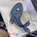 Fish shape brooch with blue crystals and white pearl, size 5.6cm by 2.2cm - Gold Blue Rhinestone Whale