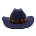 Detail of navy felt western cowboy hat featuring wooden beads and red gem on leather band - M (56-58cm) / Navy Blue