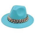 Detail view of teal wool felt jazz hat featuring a chunky rose gold acrylic chain link - Lake Blue