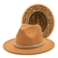 Detail of camel wool fedora hat with silver chain and leopard print brim underside - M(56-58cm) / Camel