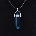 Blue quartz point pendant necklace with hexagonal crystal and black cord strap - Synthetic Sea Blue Glass