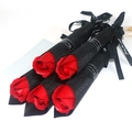 Five red soap roses in black glitter paper with ribbons on a white background - Red (Shiny Rose)
