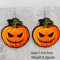 Handcrafted Halloween pumpkin lantern drop earrings in orange wood with green stems - Pumpkin
