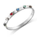 Silver stainless steel bangle featuring multicolored heart-shaped inlaid gemstones - Silver Color with Colorful Rhinestones