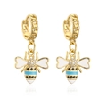 Detailed macro shot of 18K gold plated bee earrings with colorful enamel and zircon stones - Blue/White