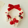 Red plush Christmas wreath with reindeer embroidery, pine cones and warm LED lights - Red And White Reindeer Doll Style / 25cm