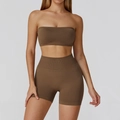 Seamless brown yoga set with sports bra and high-waisted shorts for fitness training - S / Bra + Shorts / Cocoa Brown