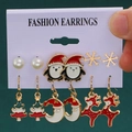 6-pair Christmas earring set with Santa, snowflake, reindeer, and pearl studs - 16 Tree Moon Reindeer (6 Pairs Set)