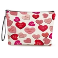 Beigefarbene Kosmetiktasche mit rosa Herzmuster, schwarzem Reißverschluss und Griff - All-over Herz Süßigkeiten Druck
