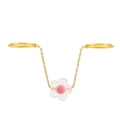 Minimalist double finger ring with thin gold chain and pink resin flower pendant - Gold (05浅KC金小花S309)