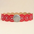 Ceinture en cuir rouge avec boucle en métal argenté et ornements circulaires en turquoise - Argent Rouge