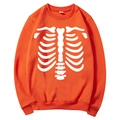 Orange fleece hoodie with white skeletal rib print and drawstring for Halloween style - S / Tops / Orange (White Skeleton Pattern)