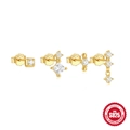 Golden S925 sterling silver stud earring set with white zircon stones and S925 stamp - 4 Pairs Fashion Mix Gold#3