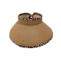 Detail of a foldable woven paper straw sun hat with stylish leopard print fabric trim - M (56-58cm) / Khaki
