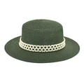 Detail of dark green woven boater hat with decorative triple-row pearl band - M (56-58cm) / Dark Green