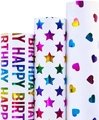 Holographic gift wrapping paper set with stars, hearts and happy birthday patterns - Birthday Stars And Hearts Style Set