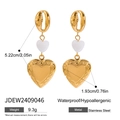 Golden stainless steel heart locket earrings with white charms and dimensions shown - Gold Shell Heart Locket Style (JDEW2409046)