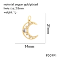 Detail van vergulde koperen maan hanger met edelstenen en afmetingen van 21 mm hoog - P00991-Maan