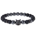 Detailed view of 8mm blue tiger eye beads and micro-set zircon wolf head charm on bracelet - Magnetic Stone Bracelet