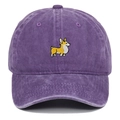 Close-up of Corgi dog embroidery on a purple washed cotton baseball cap with fabric texture - Adjustable / Purple