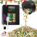 Christmas glitter set with gold, green, and red sequins including brush and spoon - Set-3 (Mixed Colors & Shapes - SD020)